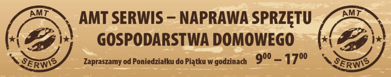 Grafika: AMT Serwis - naprawa sprzętu gospodarstwa domowego. Zapraszamy od poniedziałku do piątku w godzinach 9-17. Stylizowana pieczęć z ziarnem kawy.