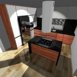 Wizualizacja nowoczesnej kuchni z wyspą, drewnianymi frontami i białymi szafkami. Widoczne oświetlenie i sprzęt AGD. Podłoga drewniana z wyraźnym usłojeniem.