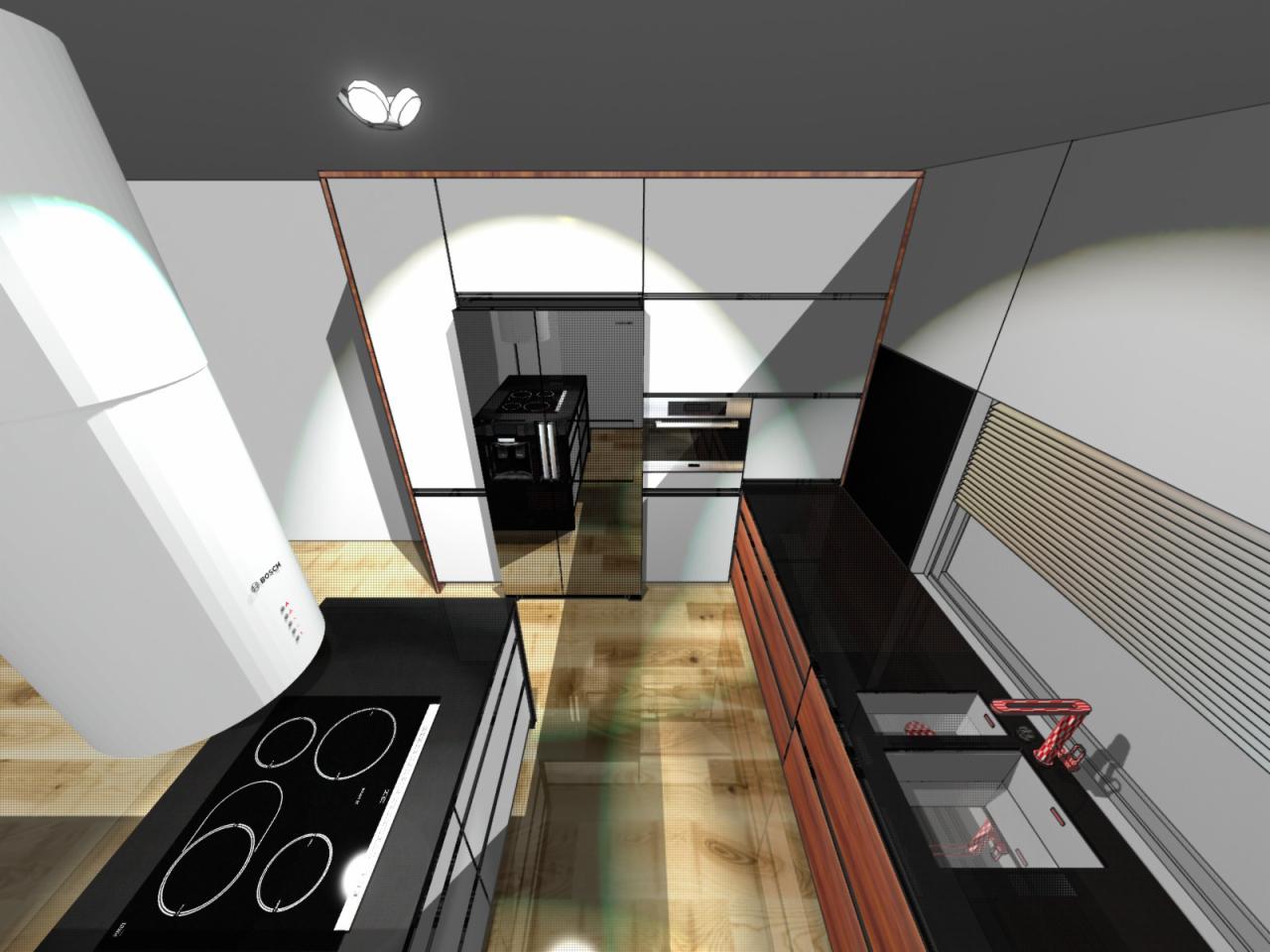Wizualizacja 3D nowoczesnej kuchni z drewnianą podłogą, czarnymi blatami i białymi frontami szafek. Widoczny okap, płyta grzewcza i zlewozmywak z czerwoną baterią.