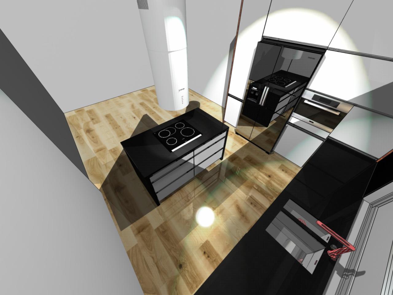 Wizualizacja kuchni: czarne blaty, drewniana podłoga, minimalistyczny design. Nowoczesny okap cylindryczny i zabudowane sprzęty AGD.