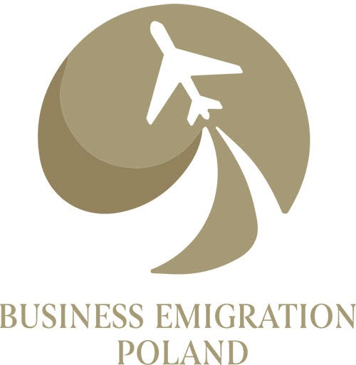 Logo firmy Business Emigration Poland przedstawiające stylizowany samolot wznoszący się z okręgu, symbolizujące międzynarodowe doradztwo biznesowe.