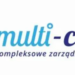 Logo Multi-Clean z Piotrkowa Trybunalskiego: motyl z niebieskich kółek i napis 'Kompleksowe zarządzanie higieną' w błękitnych odcieniach na białym tle.