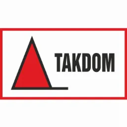 Logo firmy TAKDOM: czerwony trójkąt z czarnym obrysem, czarny napis TAKDOM, całość w czerwonej ramce na białym tle.