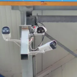 Trzy białe kamery monitoringu zamontowane na metalowej konstrukcji na tle białej ściany i niebieskiego dachu.