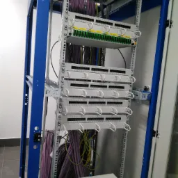 Widok z bliska na szafę rack z panelami krosowniczymi i uporządkowanymi kablami w fioletowych osłonach, widoczne oznaczenia portów i wentylatory chłodzące.