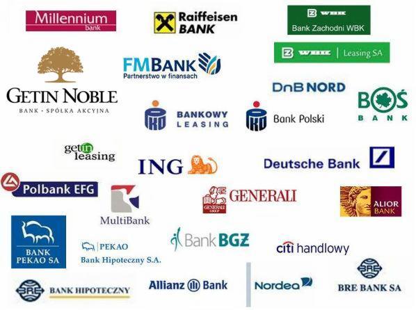 Zestawienie logotypów różnych banków i instytucji finansowych, w tym Banku Pekao S.A. i ING, oferujących usługi finansowe w Radomiu.