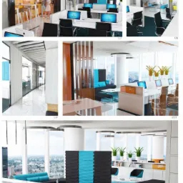 Wizualizacja nowoczesnego biura z otwartą przestrzenią, biurkami typu bench z monitorami, strefą relaksu z sofami w kolorze turkusowym, ściankami działowymi akustycznymi i widokiem na miasto przez...