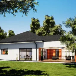 Wizualizacja nowoczesnego, parterowego domu z płaskim dachem i tarasem, otoczonego zielonym ogrodem z drzewami. Widoczna część elewacji w kolorze białym i drewniane elementy wykończeniowe tarasu.