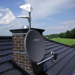 Antena satelitarna DUR-line i antena kierunkowa zamontowane na kominie na dachu pokrytym czarną dach&oacute;wką, widok na zielone pola i błękitne niebo z chmurami.