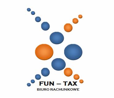 Graficzne logo biura rachunkowego FUN-TAX z niebieskimi i pomarańczowymi kulami ułożonymi w kształt litery X na białym tle. Tekst pod logo: 'FUN - TAX BIURO RACHUNKOWE'.