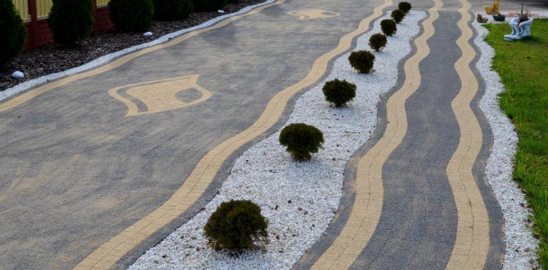 Kręta ścieżka z szarej kostki brukowej z beżowymi obrzeżami, ozdobiona białym żwirem i rzędem małych, kulistych krzewów, tworząca dekoracyjny wzór w ogrodzie.