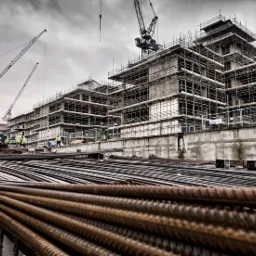 Budowa wielopiętrowego budynku żelbetowego w trakcie realizacji, z widocznymi dźwigami i stertą prętów zbrojeniowych na pierwszym planie, pochmurne niebo.