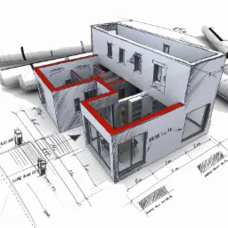 Szkic architektoniczny domu z czerwonymi akcentami, zwinięte plany w tle. Perspektywa z g&oacute;ry, oświetlenie studyjne, widoczne detale wnętrza.