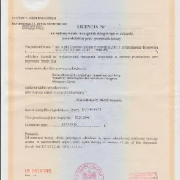 Skan licencji na wykonywanie transportu drogowego w zakresie pośrednictwa przy przewozie rzeczy, wydanej dla firmy DANPOL w Kamiennej G&oacute;rze, z datą ważności do 25.01.2046.