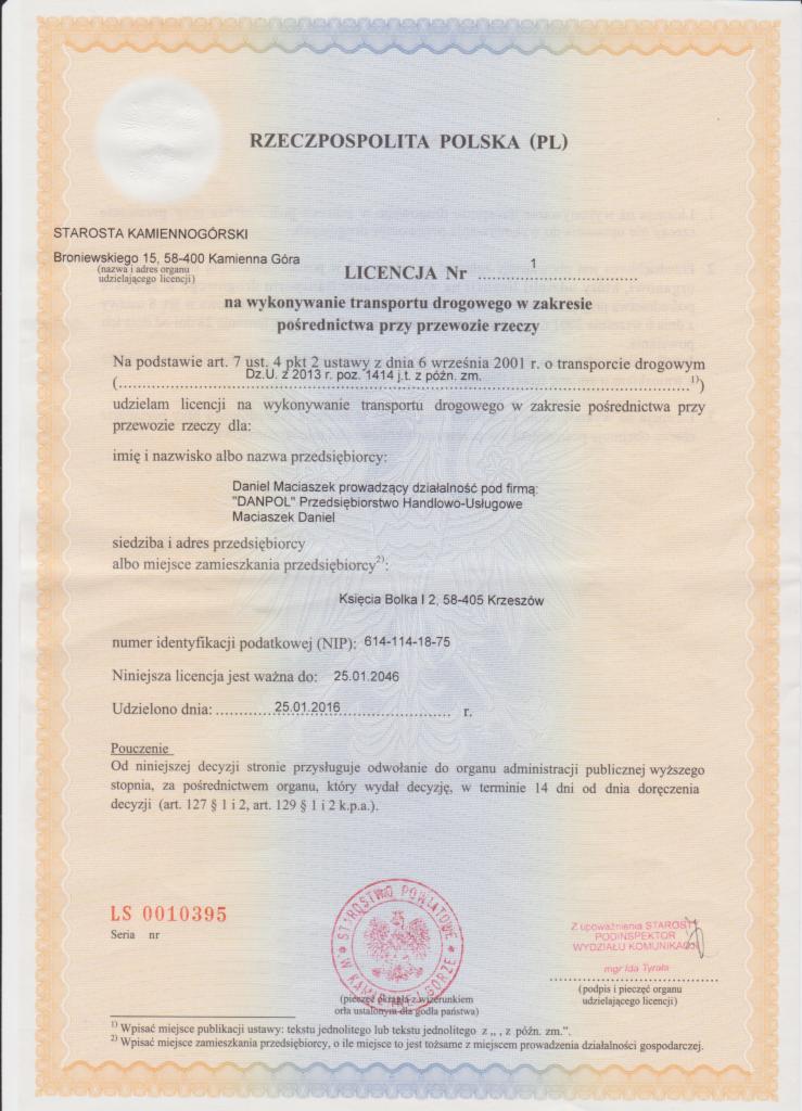 Skan licencji na wykonywanie transportu drogowego w zakresie pośrednictwa przy przewozie rzeczy, wydanej dla firmy DANPOL w Kamiennej Górze, z datą ważności do 25.01.2046.