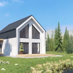 Nowoczesny, dwukondygnacyjny dom z białymi ścianami i ciemnym dachem, otoczony zielenią i lasem iglastym, z widokiem na góry w tle. Woda w pierwszym planie.