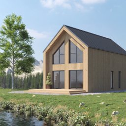 Woodenfactory Sp. z o.o. - Nowoczesny dom z drewnianą elewacją i dużymi oknami, otoczony zielenią i malowniczym krajobrazem z górami w tle. Minimalistyczny design.
