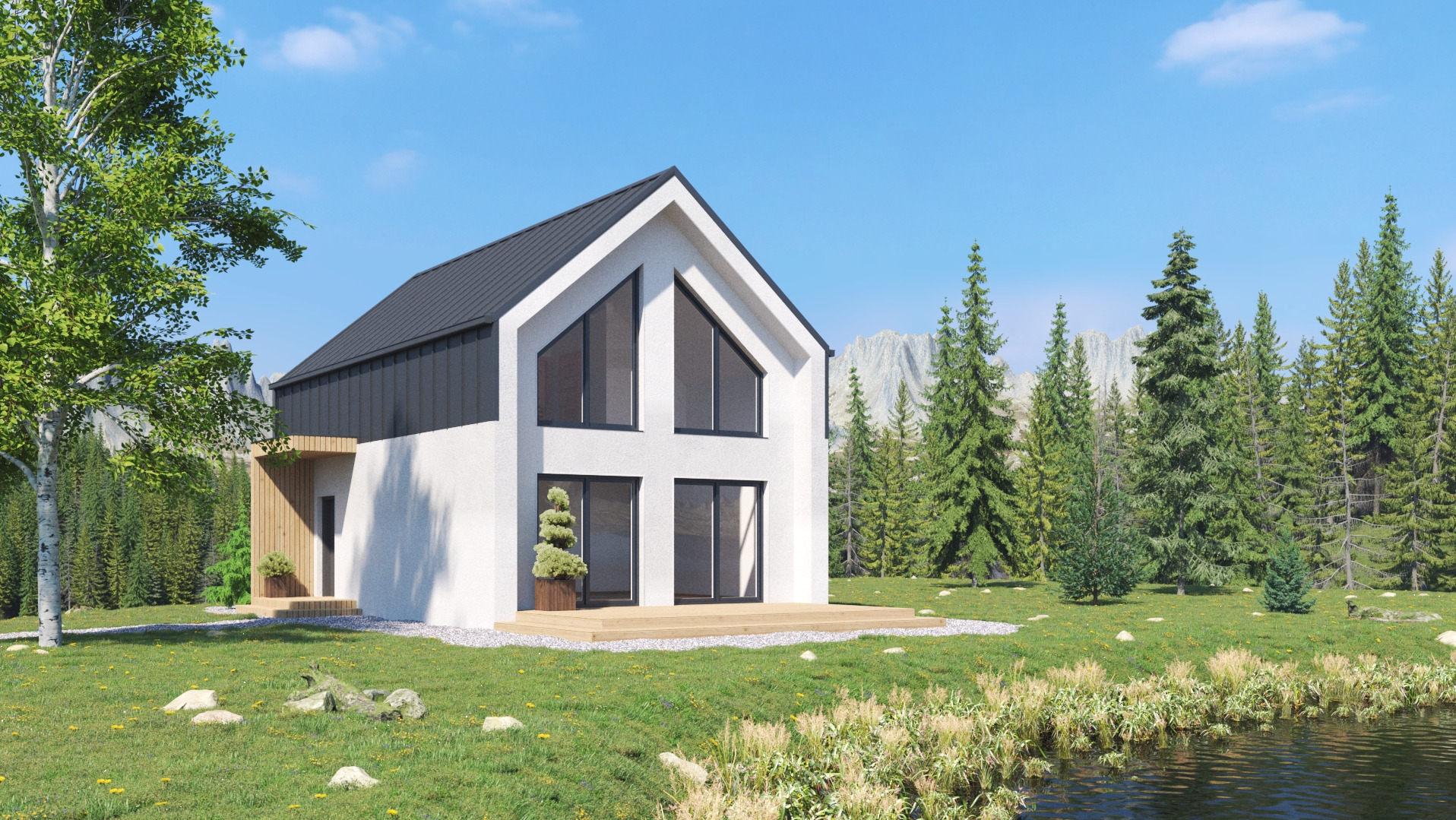 Nowoczesny, dwukondygnacyjny dom z białymi ścianami i ciemnym dachem, otoczony zielenią i lasem iglastym, z widokiem na góry w tle. Woda w pierwszym planie.