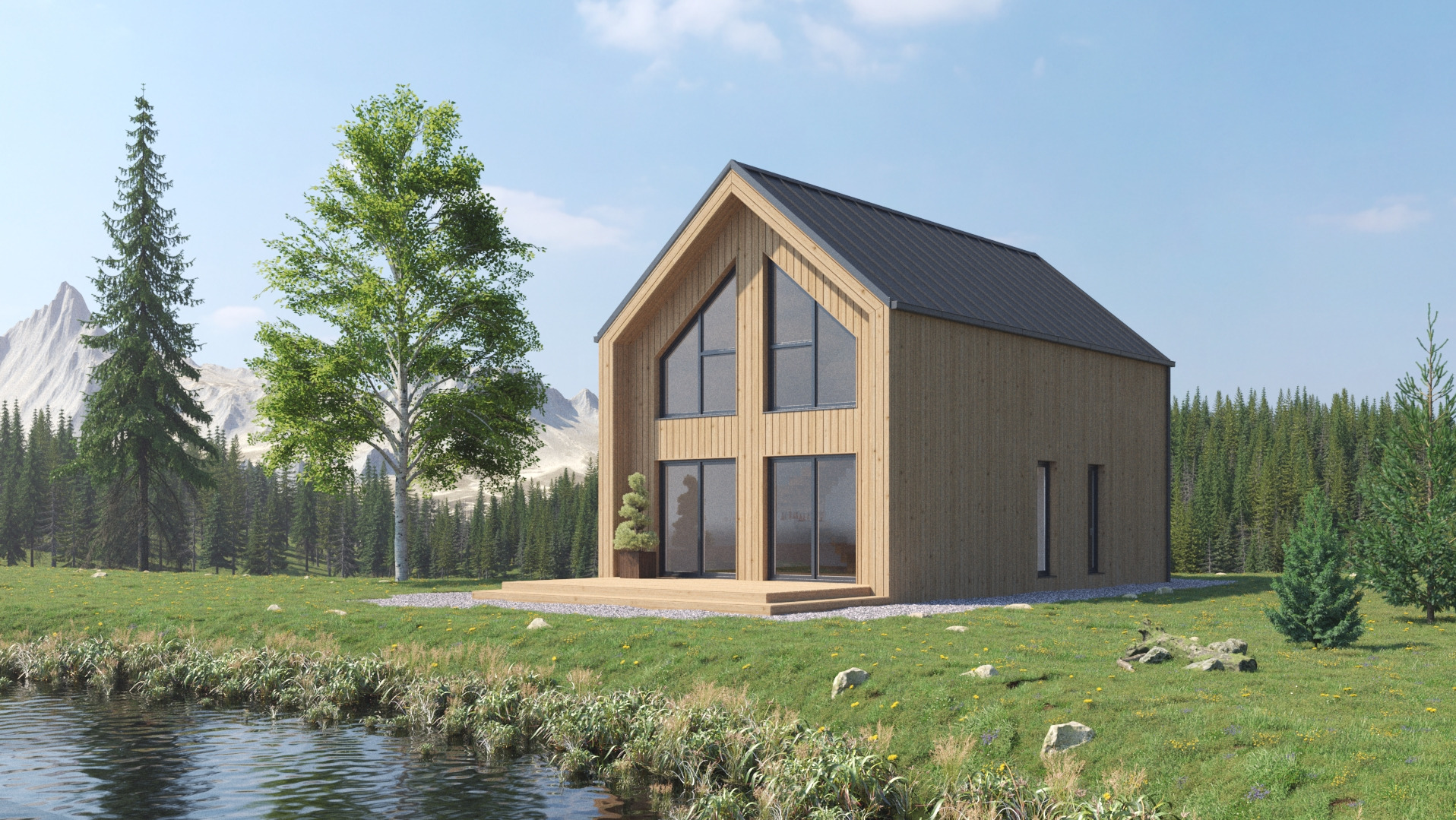 Nowoczesny dom z drewnianą elewacją i dużymi oknami, otoczony zielenią i malowniczym krajobrazem z górami w tle. Minimalistyczny design.