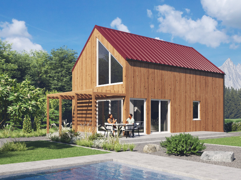 Wizualizacja domu z drewnianą elewacją i czerwonym dachem, z pergolą nad tarasem i basenem. W tle góry i drzewa, a na tarasie siedzą dwie osoby.