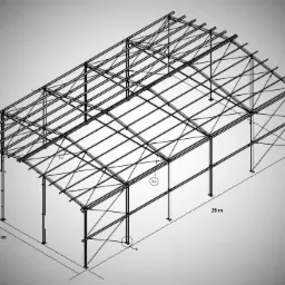 Schemat 3D hali z zaznaczonymi wymiarami 10m x 28m, prezentujący konstrukcję szkieletową z metalowych elementów.