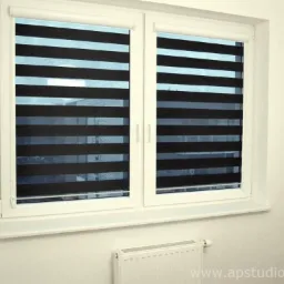 Okno z zamontowanymi roletami zebra w kolorze czarnym, na tle białej ramy okiennej i ściany. Widoczny fragment grzejnika pod parapetem.