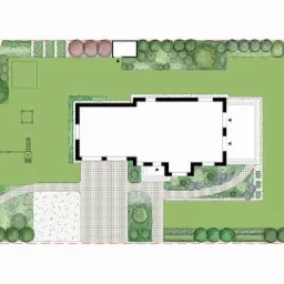 Ogr&oacute;d przydomowy w stylu nowoczesnym - rzut z g&oacute;ry