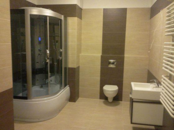 Wykończona łazienka z kabiną prysznicową, umywalką i toaletą. Ściany wyłożone płytkami w odcieniach beżu i brązu. Widoczny grzejnik drabinkowy i chromowana armatura.