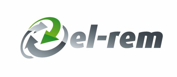 Logo firmy El-rem z symbolem recyklingu w kolorach szarości i zieleni, nawiązujące do gospodarki odpadami.