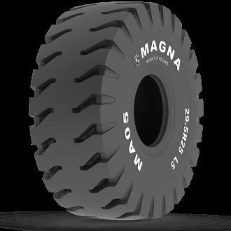 Opona przemysłowa MAGNA TYRES MA05 29.5R25 L5 na czarnym tle, widok z boku ukazujący bieżnik i oznaczenia modelu.