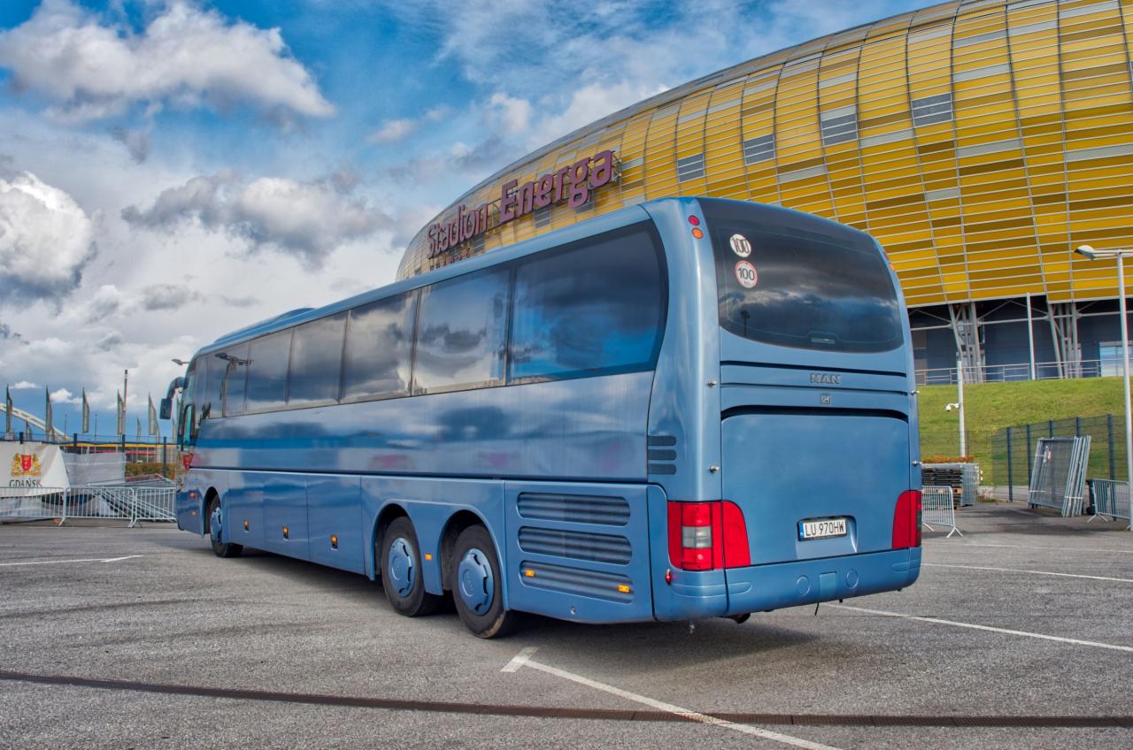 Niebieski autokar MAN na parkingu przed Stadionem Energa w Gdańsku, widok z tyłu, pochmurne niebo.