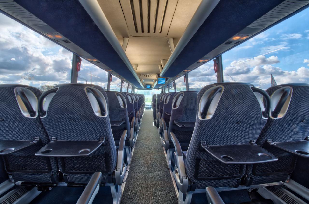 Wnętrze autobusu turystycznego z niebieskimi fotelami z rozkładanymi stolikami, widok z tyłu na przód pojazdu, za oknami widoczne pochmurne niebo.