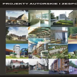 Portfolio architektoniczne Pawła Bartela: kolaż zdjęć projektów autorskich i zespołowych, w tym budynki usługowe, domy jednorodzinne, basen, schody z podświetleniem, wizualizacje i rzuty...