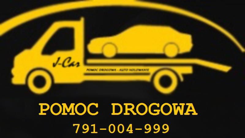 Żółta grafika lawety z autem na czarnym tle, napis 'Pomoc Drogowa' i numer telefonu. Logo firmy J-Car, pomoc drogowa auto holowanie.