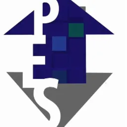 Abstrakcyjne logo firmy z białym napisem PES na tle niebiesko-szarego rombu z motywem domu. Nowoczesny design z elementami pikseli.