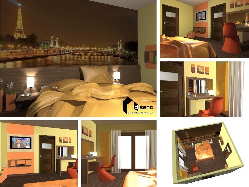 Wizualizacja sypialni z łóżkiem w złotych odcieniach i fototapetą z wieżą Eiffla w tle, prezentowana w różnych ujęciach i perspektywach.