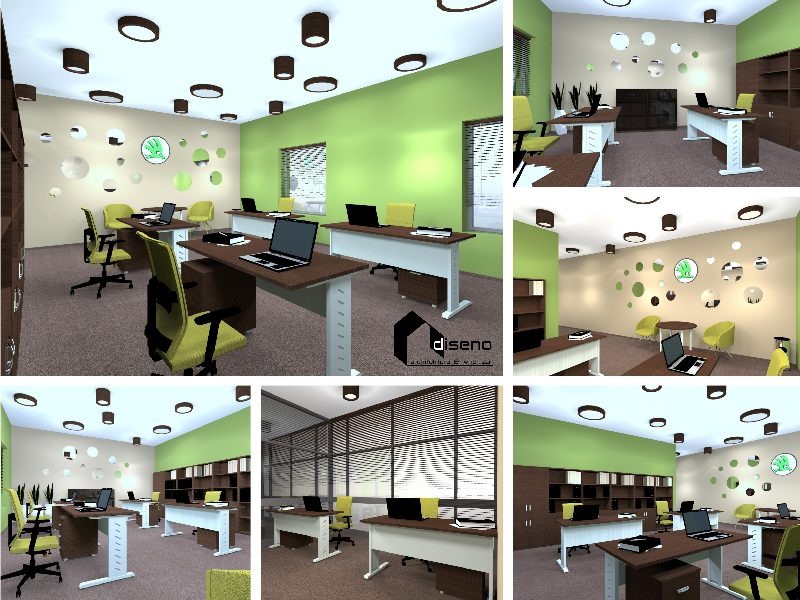 Wizualizacja przestronnego biura z zielonymi akcentami, nowoczesnymi lampami sufitowymi i dekoracyjnymi okrągłymi elementami na ścianie, ukazująca ergonomiczne stanowiska pracy z laptopami...