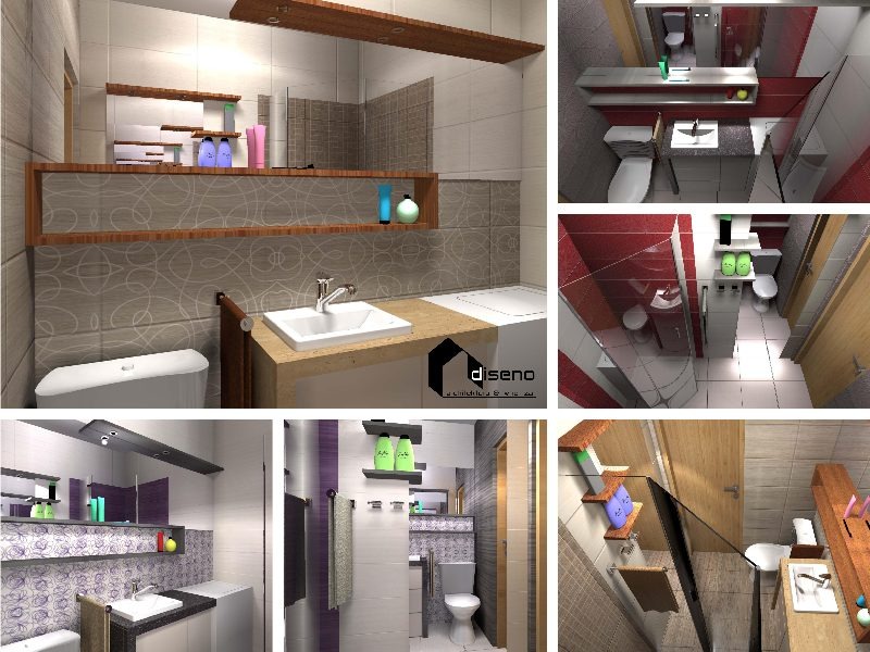 Wizualizacja łazienki z umywalką nablatową, toaletą i półkami z akcesoriami; widoczne różne ujęcia i perspektywy pomieszczenia.