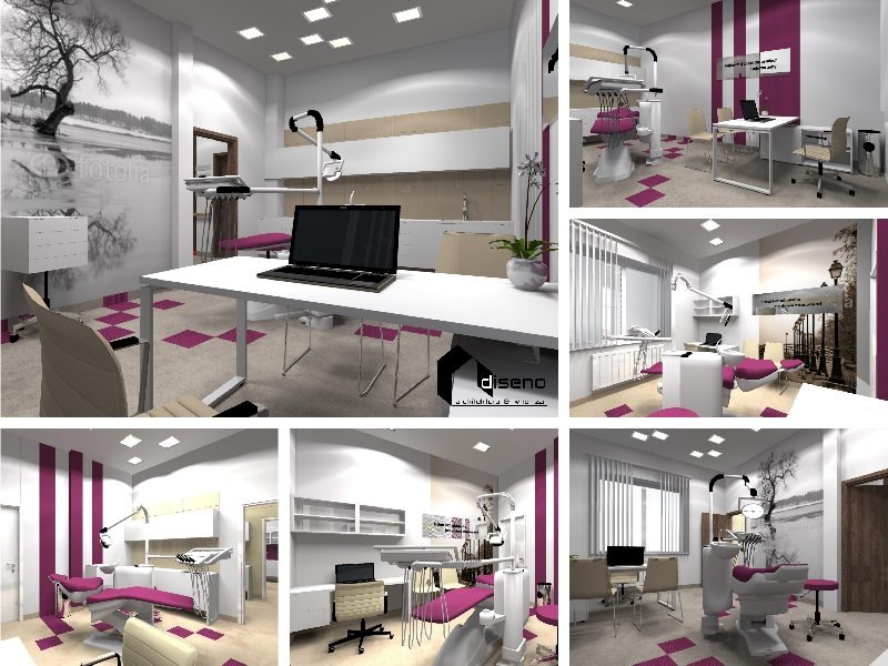 Wizualizacja projektu wnętrza gabinetu stomatologicznego z fioletowymi akcentami, widoczne stanowisko dentystyczne, biurko z laptopem i fototapeta z motywem drzewa.