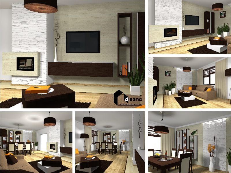 Wizualizacja przestronnego salonu z jadalnią, beżowe ściany z fakturą, ciemne meble, kominek w obudowie z jasnego kamienia, brązowy dywan, lampa wisząca z okrągłym abażurem