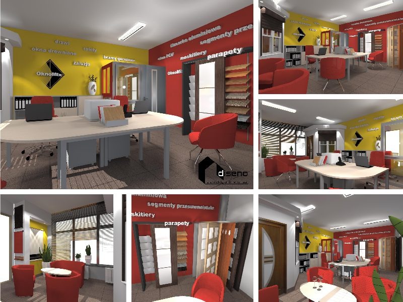 Wizualizacja biura z ekspozycją okien, drzwi i rolet, z żółto-czerwonymi ścianami, biurkami i czerwonymi krzesłami, prezentująca produkty firmy OknoMix.