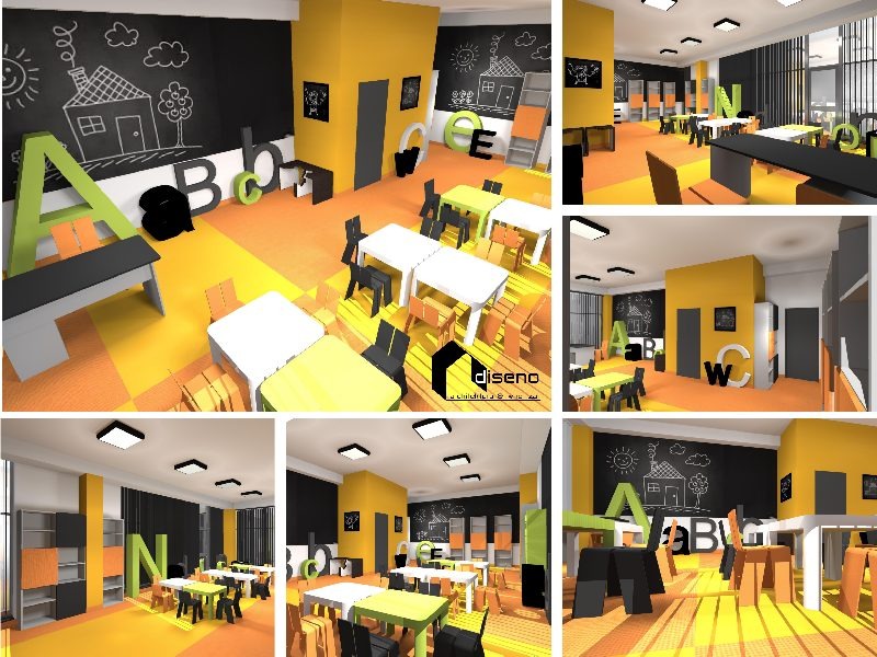 Wizualizacja kolorowej sali przedszkolnej z motywami edukacyjnymi: czarna tablica z rysunkami kredą, duże litery alfabetu jako dekoracje, żółte ściany i stoliki z krzesłami w różnych kolorach.
