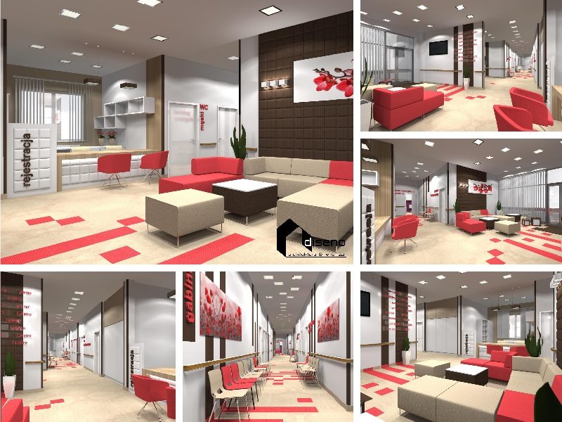 Wizualizacja wnętrza biura: recepcja z białymi panelami i czerwonymi krzesłami, strefa oczekiwania z beżową sofą i czerwonymi akcentami, korytarz z obrazami kwiatów i krzesłami dla pacjentów.
