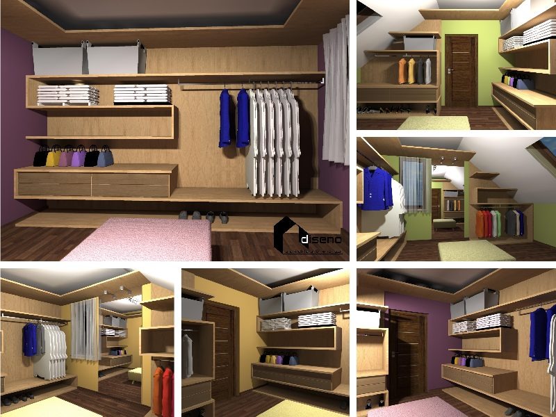 Wizualizacja 3D garderoby z drewnianymi półkami, szufladami i wieszakami na ubrania, widok z różnych perspektyw, uwzględniający oświetlenie i dodatki.