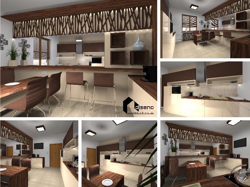 Wizualizacja przestronnej kuchni z drewnianymi akcentami, wyspą i barkiem, brązowe szafki górne kontrastują z jasnymi dolnymi, dekoracyjny panel nad barkiem z motywem gałęzi, stół z krzesłami...