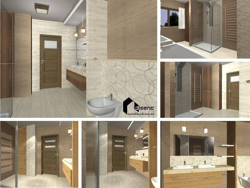 Wizualizacja łazienki z beżowymi płytkami, kabiną prysznicową, bidetem, umywalką z szafką i drewnianymi drzwiami. Na ścianie wzór z okręgów. Widoczne logo projektanta.