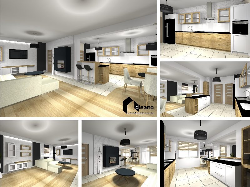 Wizualizacja wnętrza mieszkania: salon z aneksem kuchennym, białe ściany z cegły, drewniana podłoga, nowoczesne meble w odcieniach bieli i czerni, czarny kominek wiszący, wysokie krzesła barowe...