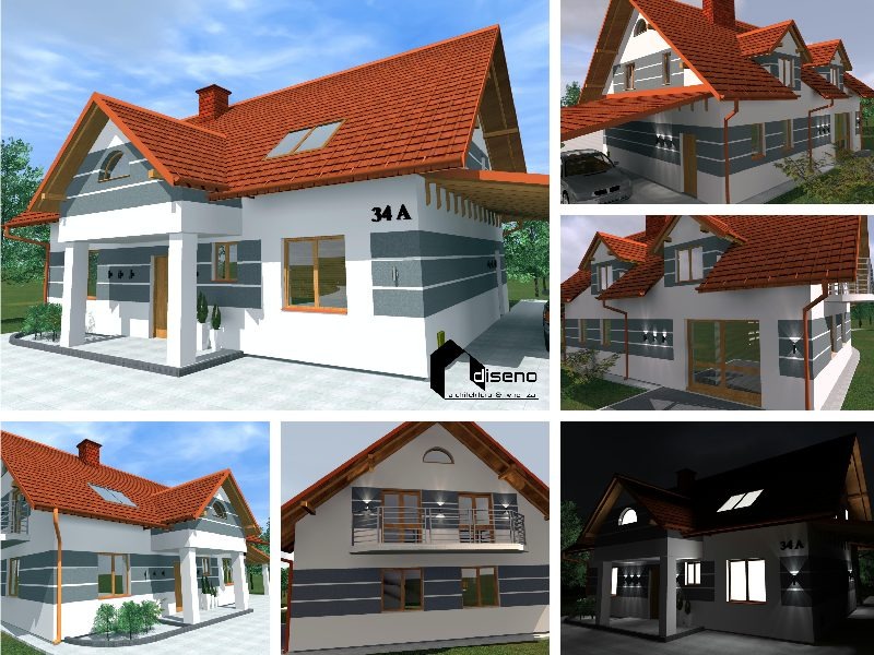 Wizualizacja projektu domu jednorodzinnego z czerwonym dachem, białymi ścianami z szarymi poziomymi pasami i numerem 34A na elewacji, prezentowana w różnych ujęciach, w tym nocnym.