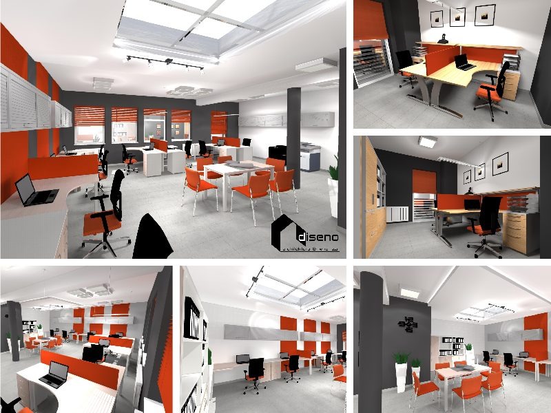 Wizualizacja przestronnego biura z pomarańczowymi akcentami, jasnymi biurkami i krzesłami, przeszklonym sufitem oraz elementami szarości i bieli.