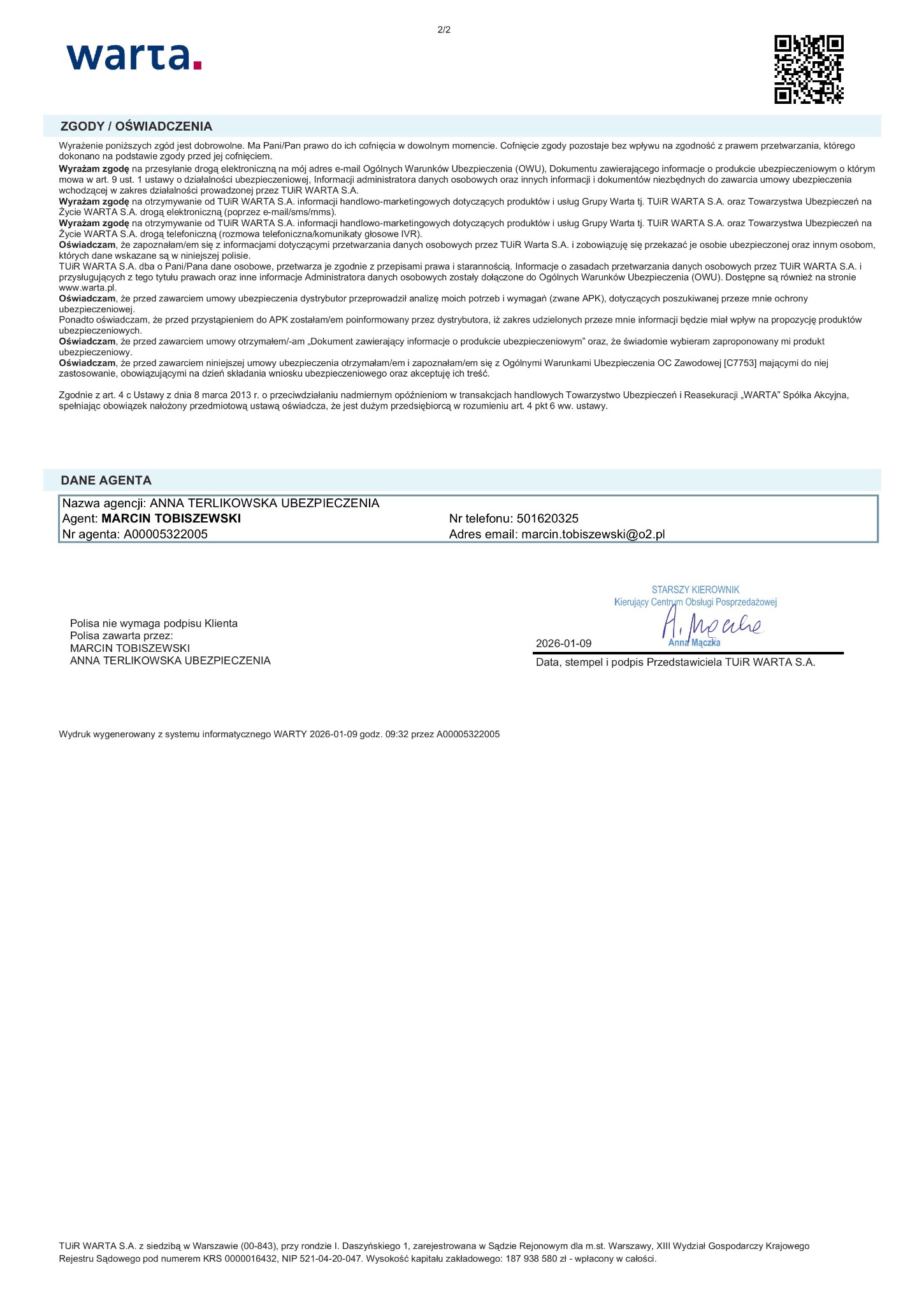 Dokument polisy OC Warta z danymi agenta, datą wydruku i zgodami. Widoczne logo Warta, dane kontaktowe agenta i informacje o oświadczeniach klienta.